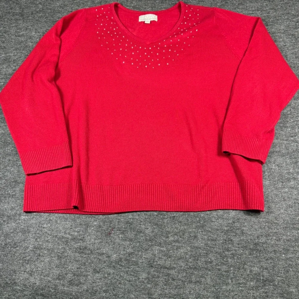 Carolyn Taylor Women Red V-Neck‎ Rhinestone Embellished Long Sleeve Sweater 3X
